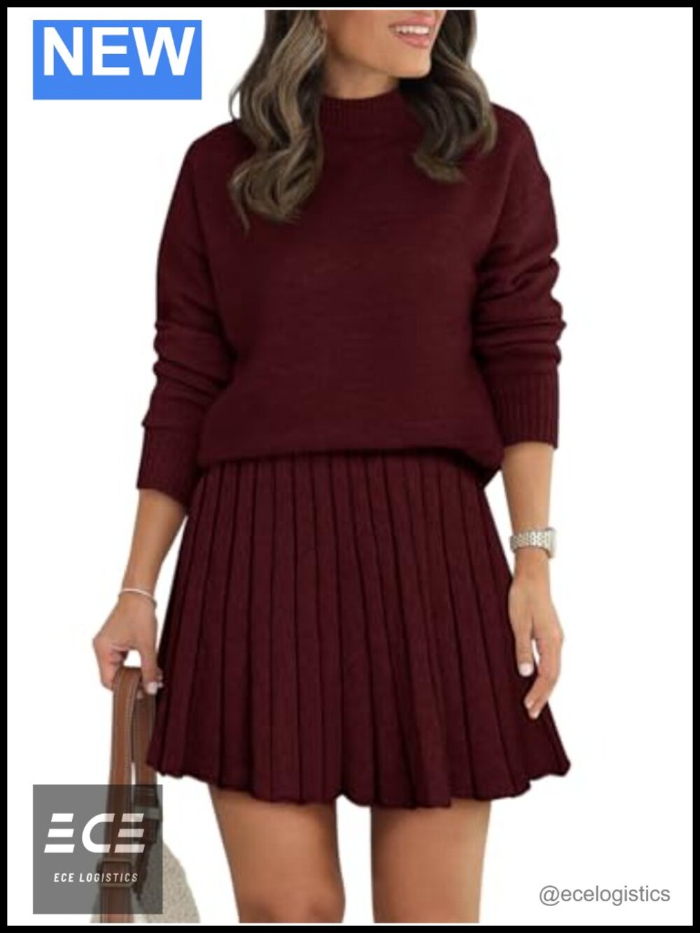 Womens Two Piece Sweater Skirt Set Pleated Mini Skirt Mock Neck Knit